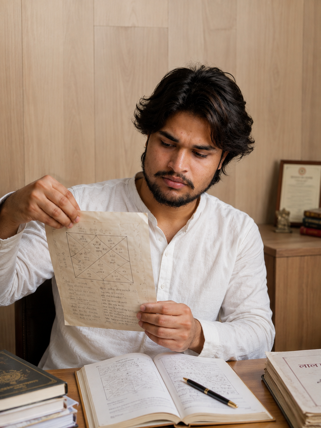Astro Aman Pathak studying a handwritten Kundali at his desk